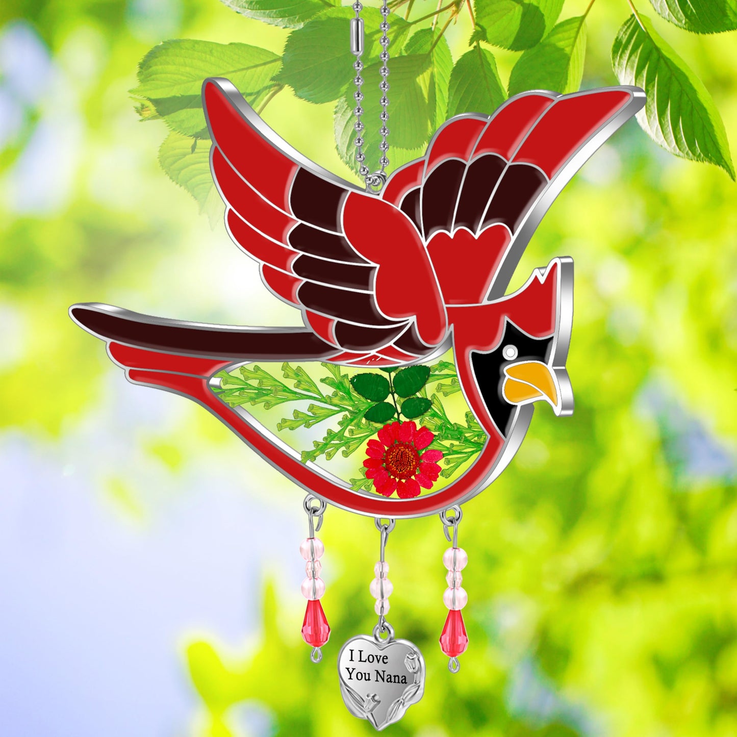 KY&BOSAM Cardinal Suncatcher I Love You Nana Gifts Stained Glass for Windows Hangings Wind Chime Ornament with Pressed Real Flowe and Heart Charm Birthday Gifts for Nana Women Mother's Day Christmas