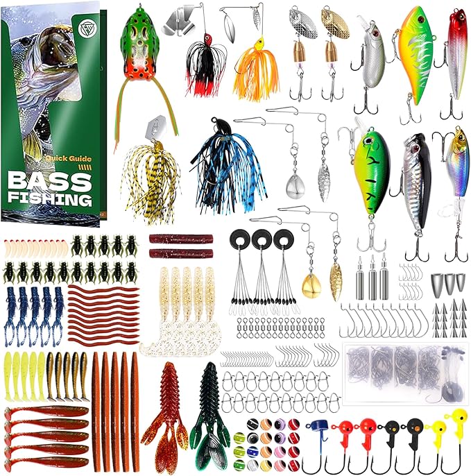 FONMANG 322-Piece Fishing Lures Kit - Buzz Bait/Spinner Baits/Jig/Frog, Fishing Tackle Box with Tackle Included, Soft Bai...