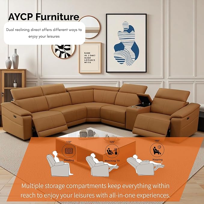 Power Recliner Sectional Sofa Set with USB Ports, Flannel Recliner Sofa Set with Adjustable Headrest, Reclining Sectional Couches, L-Shaped Living Room Furniture Set (Ginger, 5-Seater)
