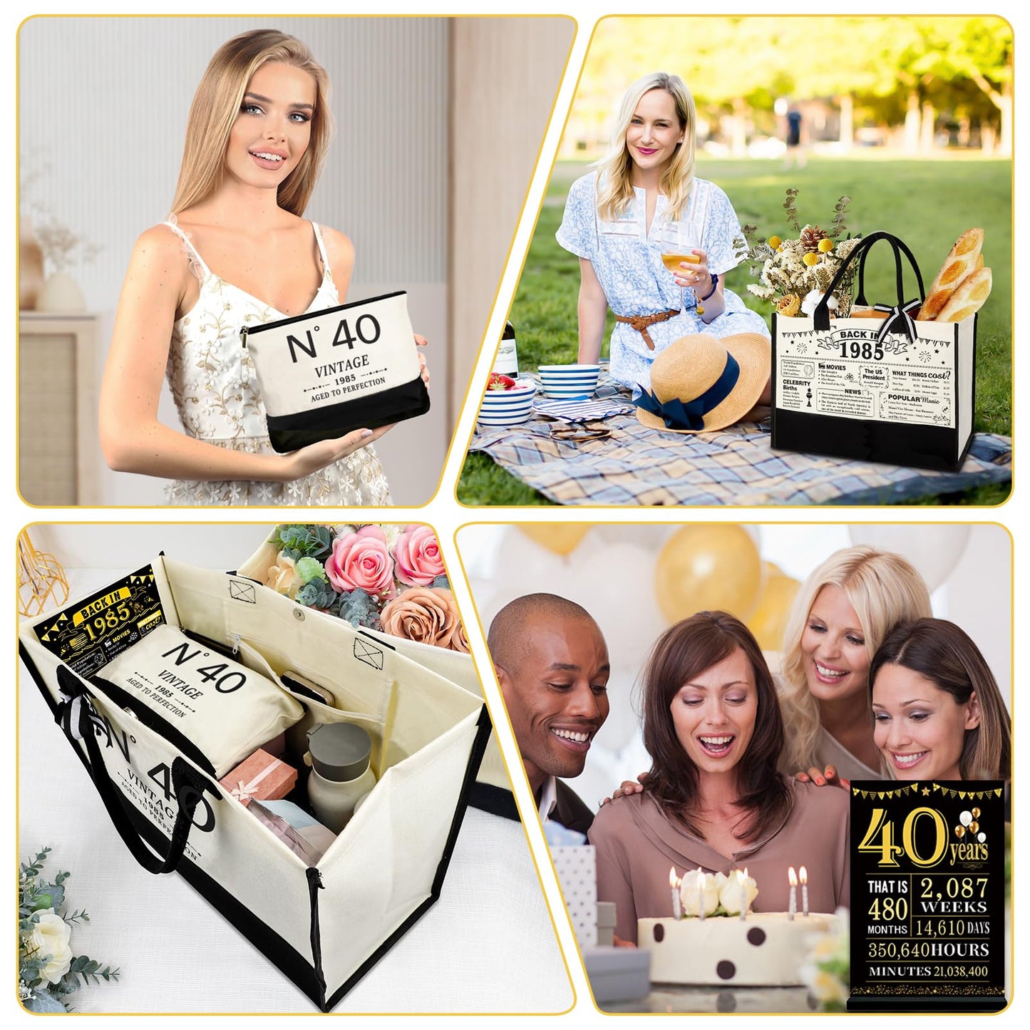 40th Birthday Gifts for Women Canvas Tote Bag Travel Gear, Unique 40 Years Old Birthday Gifts for Her Mom Wife Aunt Friends, Vintage N40 Handbag & Cosmetic Bag & Back in 1985 Poster