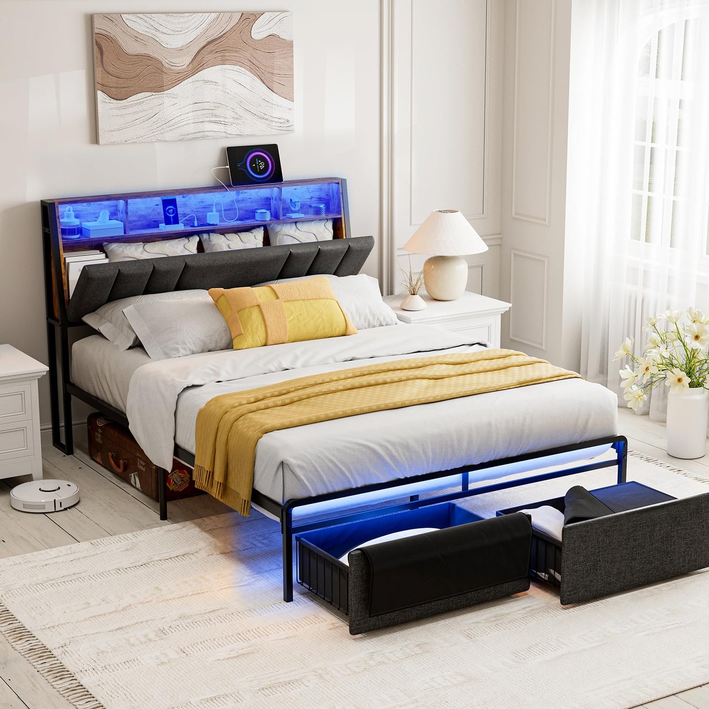 AOVSA Queen Bed Frame with Ergonomic Hidden Storage headboard & Dustproof Drawers, Upholstered Platform Bed with LED Lights and Charging Station, Easy Assembly, No Box Spring Needed, Dark Grey