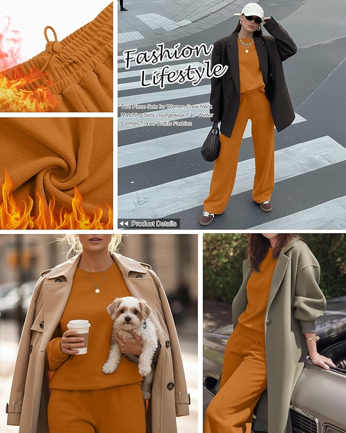 Sweetyweee Women's 2 Piece Outfits Set Fleece Lined Lounge Sweatsuit Crewneck Pullover Top Wide Leg Pants Casual Tracksuit