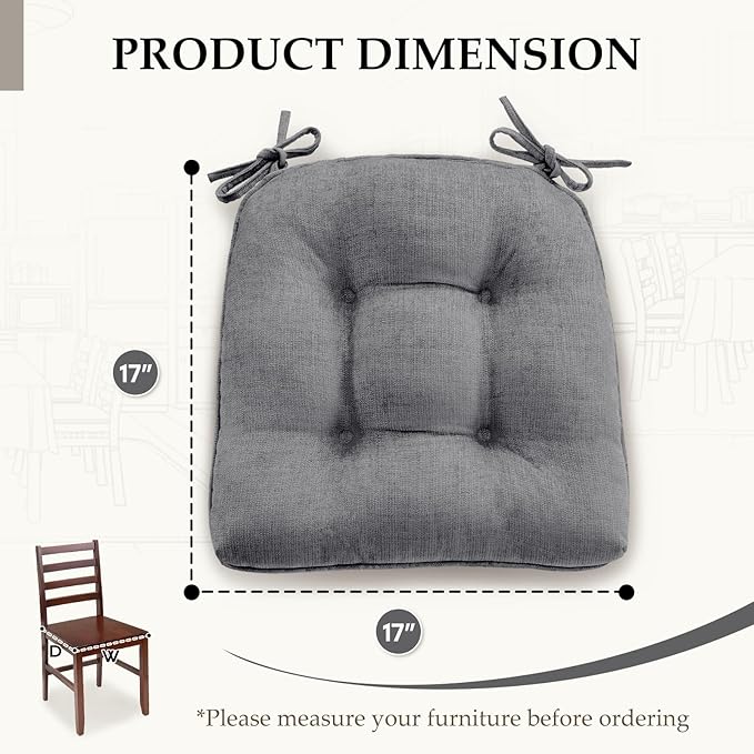 HARBOREST Chair Cushions for Dining Chairs Set of 4 - Chenille Tufted Kitchen Chair Cushions with Ties and Non-Slip Bottom, Foam Chair Pads for Dining Chairs, 17" x 17", Grey