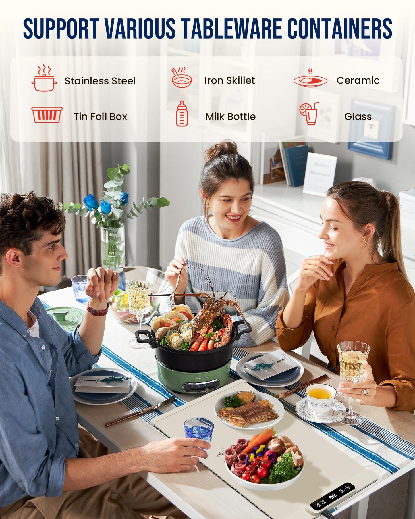 Warming Mat for Food, Food Warming Mats for Countertop with 5 Temperature Levels & 4 Hours Timer, Warming Pads for Food with Child Lock Safety, Food Warmer Mat for Buffet Party