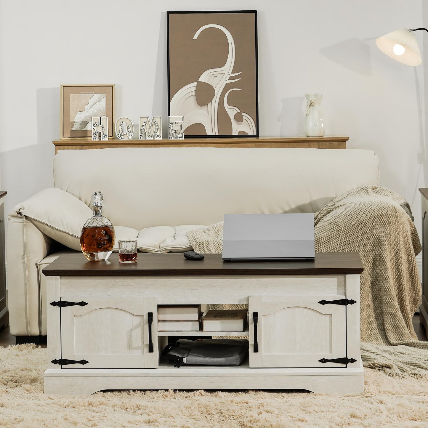 Farmhouse Coffee Table, 47.24 inches Wide Lift Top Coffee Table with Storage, Living Room Coffee Tables with Large Hidden Compartment, Warm White Walnut