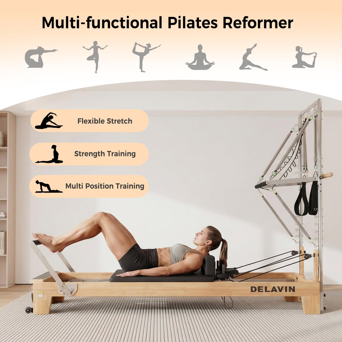 DELAVIN Pilates Reformer with Tower, Pilates Machines with Springs, Sitting Box, Jump Board and Accessories, Solid Wood Pilates Equipment for Studio, Gym and Home Workout