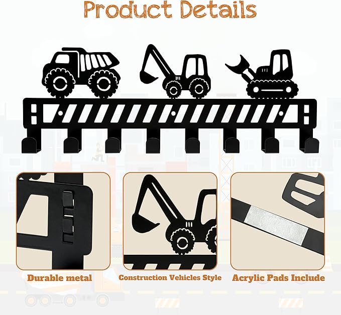 Construction Vehicle Over The Door Hooks - 8 Hook Organizer for Toddler Boys' Rooms, Bathroom & Nursery Decor, Toddler Bedroom & Nursery with Truck Design, Wall Mountable Heavy-Duty Metal Wall Hooks