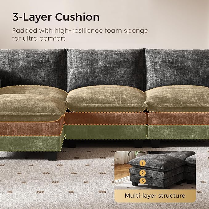 KKL 120" Modular Sectional Sofa, Large V Shape 7 Seater Convertible J/L/U-Shaped Modern Sectional Couch with Ottoman, Chenille Sectional Couches for Living Room, Apartment, Grey