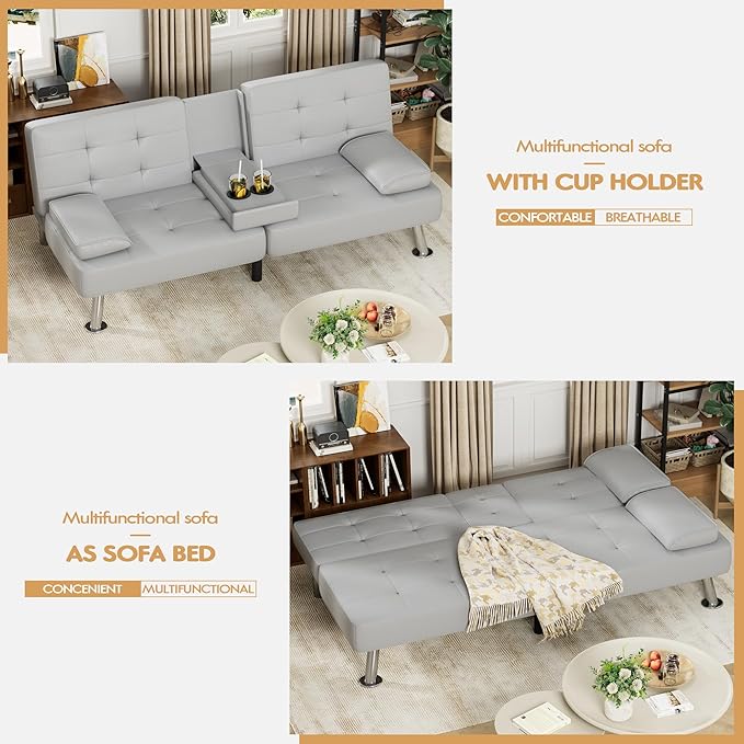 JUMMICO Faux Leather Futon Sofa Bed Futon Couch with Removable Armrests Adjustable Sleeper Sofa Bed with 2 Cup Holders for Living Room (PU Leather, White)