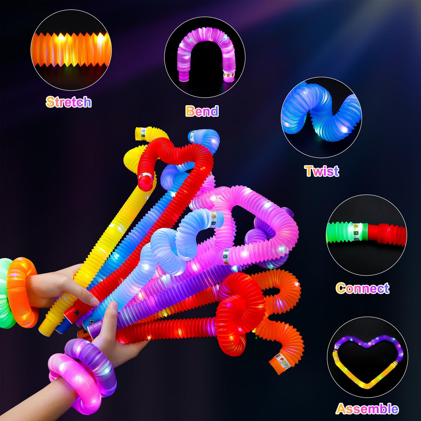 UrChoice Glow Sticks Party Favors for Kids, 25 PCS-LED Pop Tubes Neon Necklaces Bracelets, Glow in the Dark Party Pack, Light up Camping Toys for Toddlers, Imaginative Play ,Hours of Fun for Kids