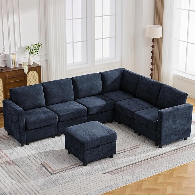 104'' V Shaped Modular Sofa, Sectional Couch with Storage for Living Room, Modern 7 Seater Cloud Sectional Couch with Movable Ottoman, Chenille Navy
