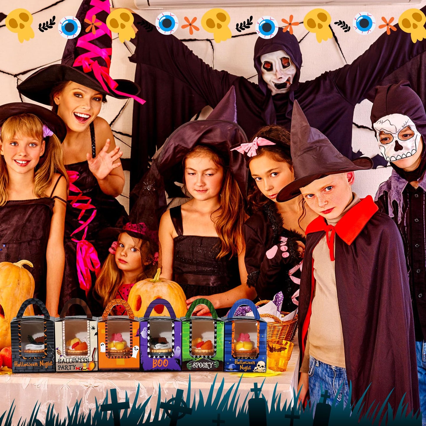 Qeeenar 60 Pieces Halloween Cupcake Boxes Halloween Individual Carriers Party Boxes with Clear Window for Cupcake Candies Gifts Wrap Dessert Table Decoration