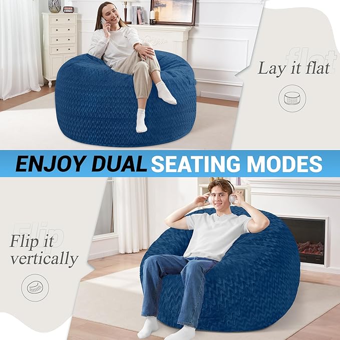 3FT Bean Bag Chair,Giant Bean Bag Chairs for Adults,Big Bean Bags with Memory Foam Filled, Large Beanbag Chairs with Chevron Plush Cover-Blue