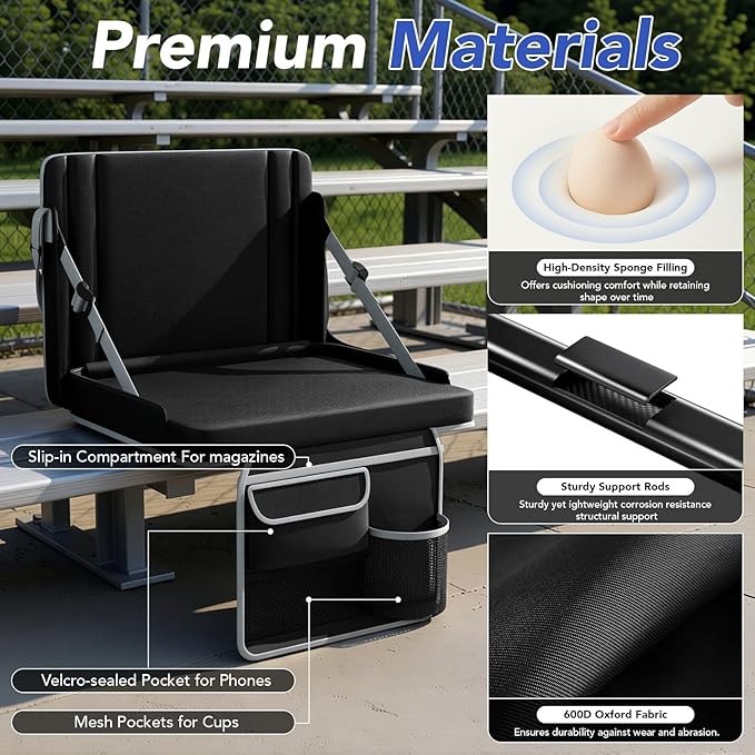janiry Stadium Seats with Back Support 2PACKS Adjustable Bleacher Chairs with Back and Cushion Bleacher Seat with Cup Holder, Carry Handle & Shoulder Strap for Outdoor Sports Events, Picnics, Beaches