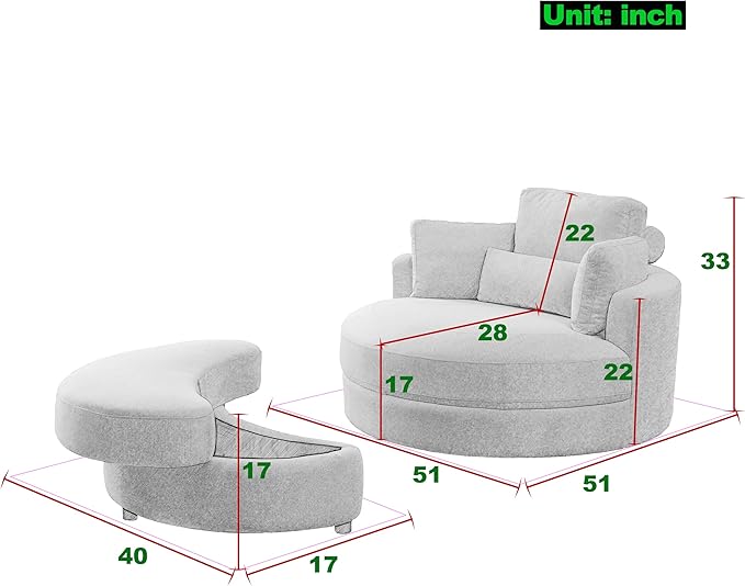 Yoglad Modern Swivel Accent Round Chair, Barrel Sofa with Storage Ottoman, Oversize Lounge Chair, Linen Fabric Round Chair with Pillows, for Living Room, Office (Light Grey, 51")