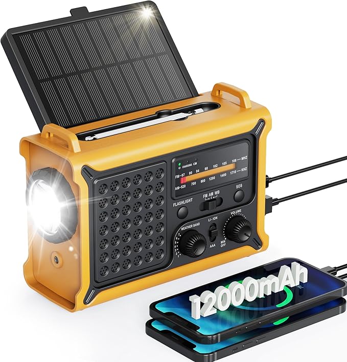 Emergency Weather Radio with Large Solar Panel, Efficient Hand Crank & Real 12000mAh Battery | AM/FM/NOAA Bands, LED Flash...