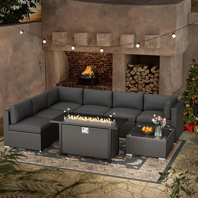 Crownland 8-Piece Outdoor Patio Furniture Sets with 45” Propane Gas Fire Pit Table, All-Weather Black Wicker Rattan Sectional Sofa with Coffee Table(Grey)