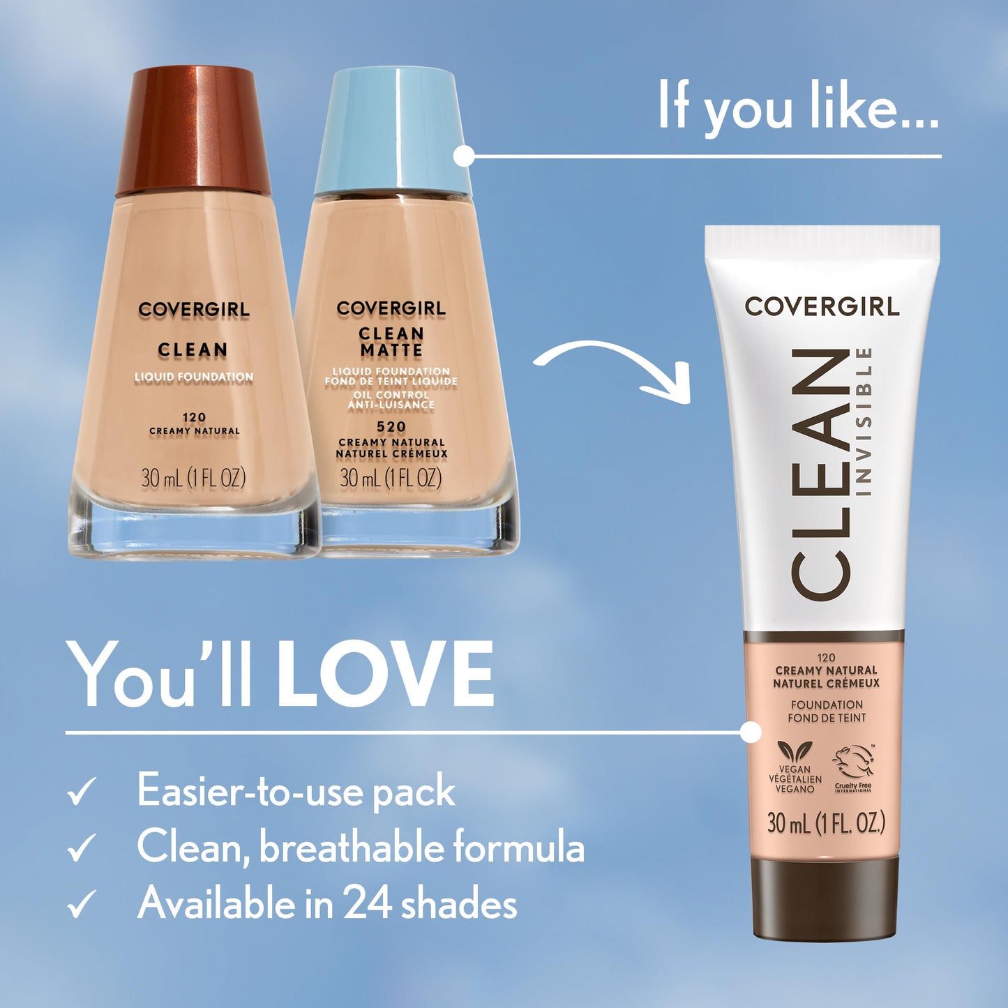 COVERGIRL Clean Invisible Foundation Makeup, Dewy & Glowy Finish, Buildable Coverage, Skin-Like Smooth Look, Vegan, Natural Beig