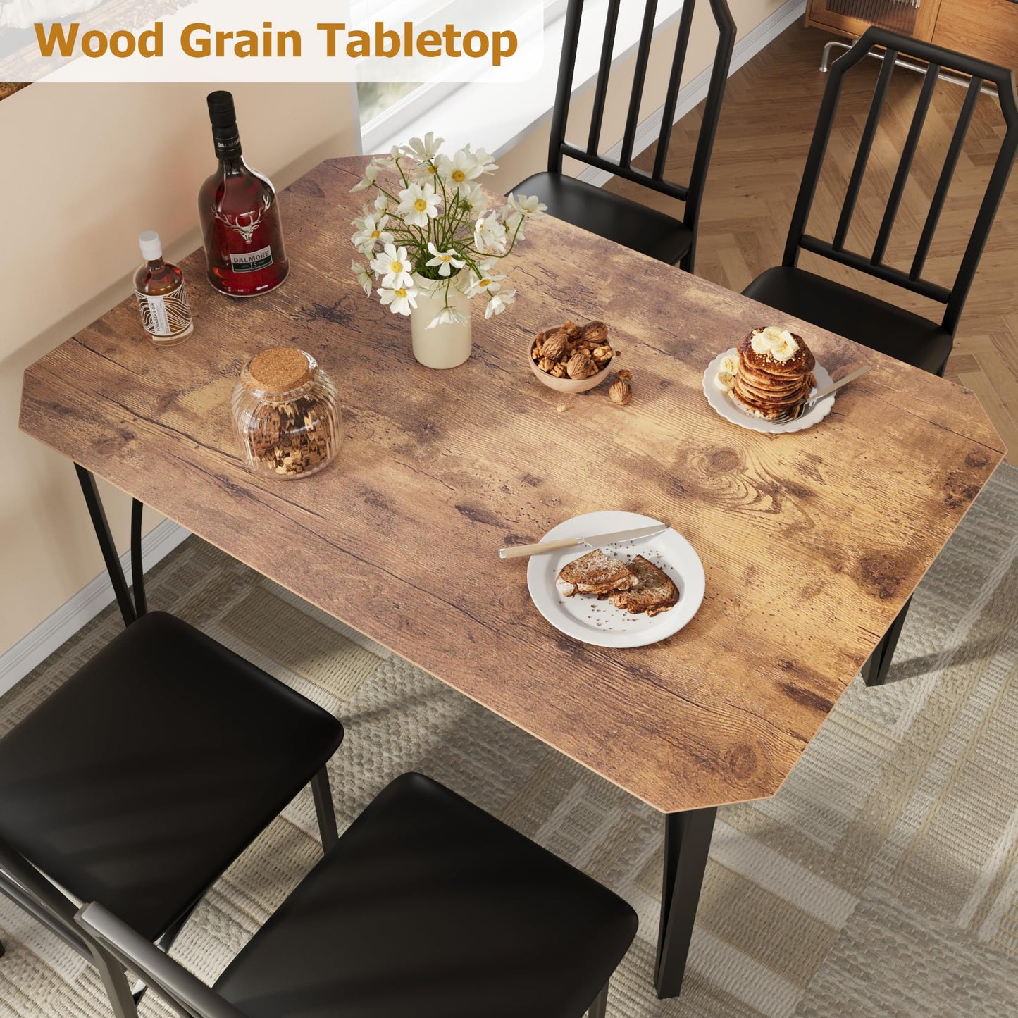 GAOMON Dining Table Set for 4, Kitchen Table and Chairs for 4 with with Chamfer Design, 5 Piece Dining Room Table Set with Cushion Seats for Small, Home Kitchen, Apartment-Rustic Brown