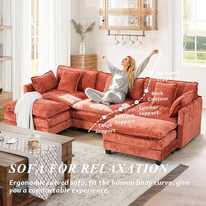 SoarFlash 113.78" Chenille Sectional Sofa, Comfy U Shaped Modular Coush Sofa with Ottoman, Modern 4 Seat Couch Deep Seat Sofa Set for Living Room,Orange