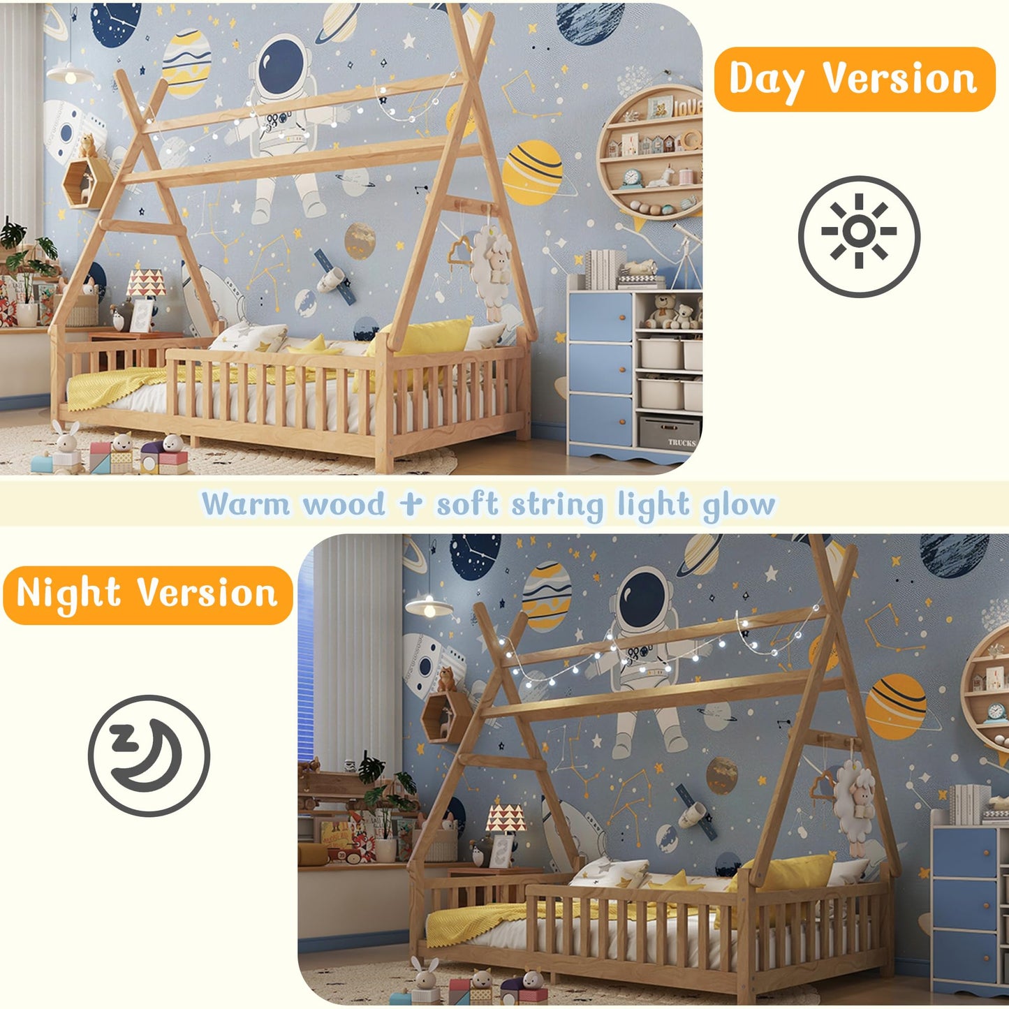 Mirightone Teepee Floor Bed for Kids, Twin Size Tent Beds with Hanging Rack, Detachable Montessori Floor Bed with Slats and Fence Rails, Wood House Bedframe for Boys Girls, Natural