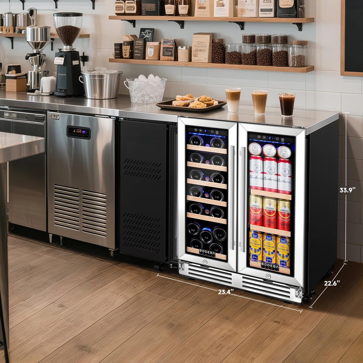BODEGACOOLER Wine and Beverage Refrigerator, 24 Inch Under Counter Commercial Beverage Refrigerator, Large Capacity Back Bar Cooler With 2 Glass Doors,LED Lighting for Beer,Soda,Wine,4.1 Cu.Ft.,Black.