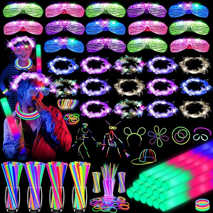 HONLYNE 142 PCS Glow in the Dark Party Supplies, 14PCS Foam Glow Sticks, 14PCS Light Up Headband,14PCS LED Glasses and 100...