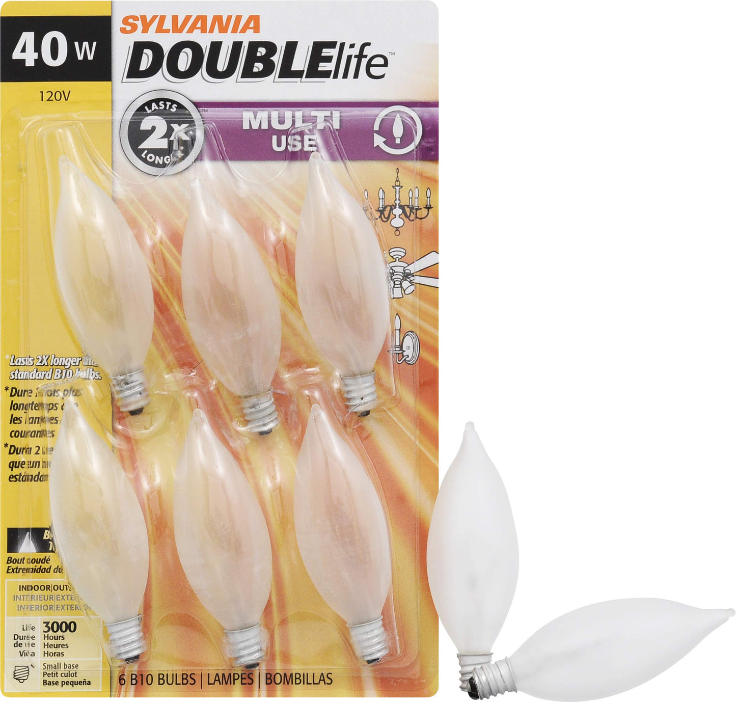 Sylvania Double Life Incandescent Light Bulb, B10, 40W, Dimmable, Candelabra Base, 285 Lumens, Frosted - 6 Count (Pack of 1) (15323)