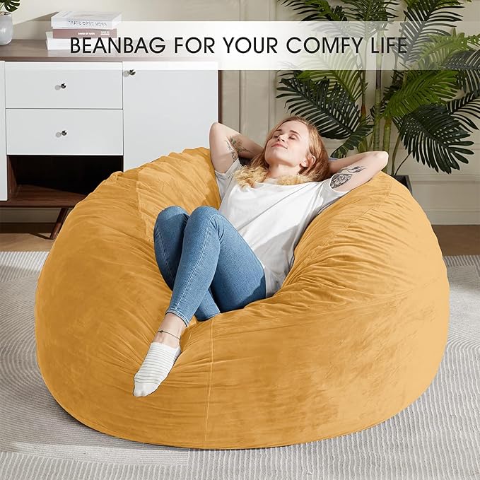 HABUTWAY Bean Bag Chair: Giant 5' Memory Foam Furniture Bean Bag Chairs for Adults with Microfiber Cover 5Ft(Mustard)