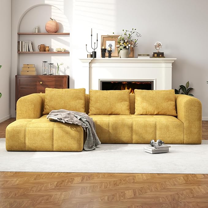105" Modular Sectional Sofa, Boneless couch for Living Room, Cloud Sectional Couch with Deep Seat, L-Shape Sofa, Upholstered Couches for Living Room Bedroom, No Assembly Required, Yellow (Slub Fabric)