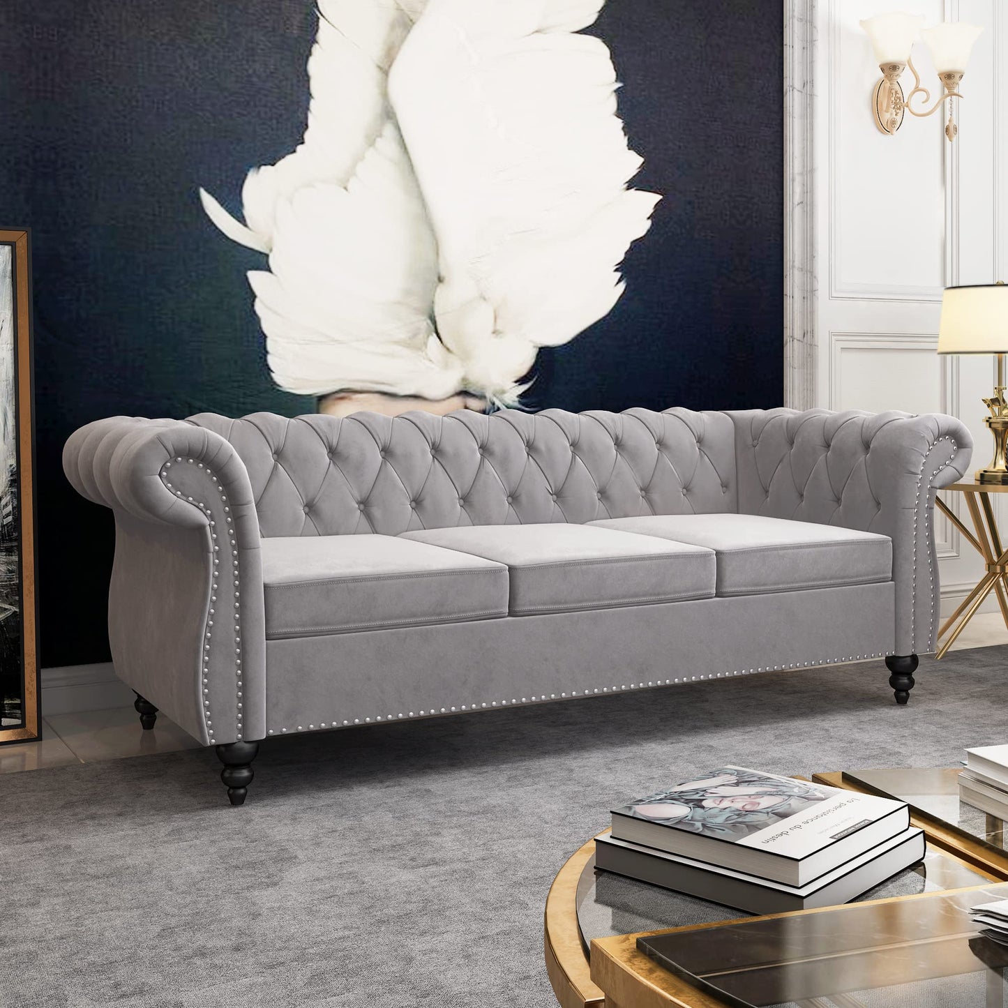 Chesterfield Sofa Velvet, Modern Tufted Couch 3 Seater with Rolled Arms and Nailhead for Living Room, Bedroom, Office, Apartment (Grey)