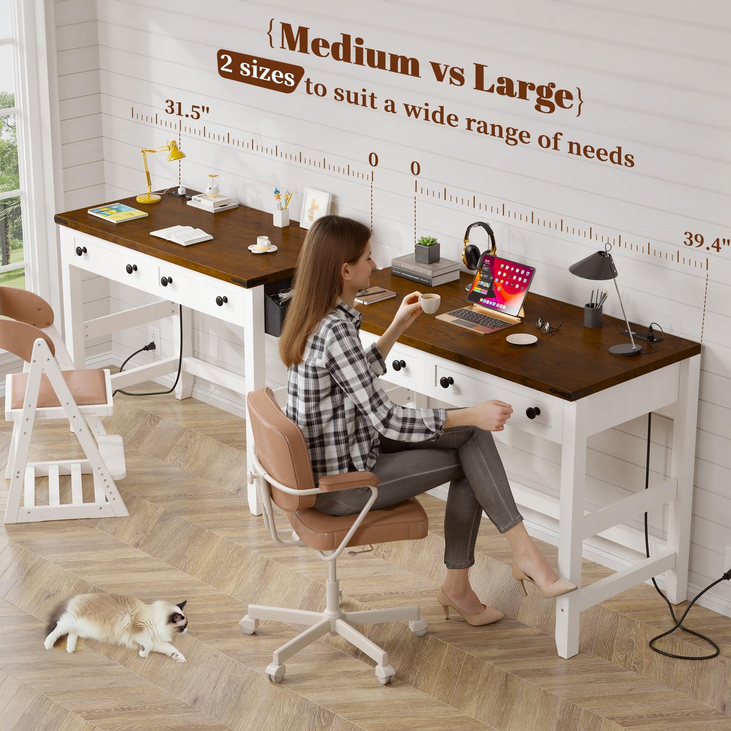 EnHomee 40" Small Desk for Bedroom, Computer Desk with Power Outlets for Home Office, Desks with Drawers and a Side Pocket, Brown+White