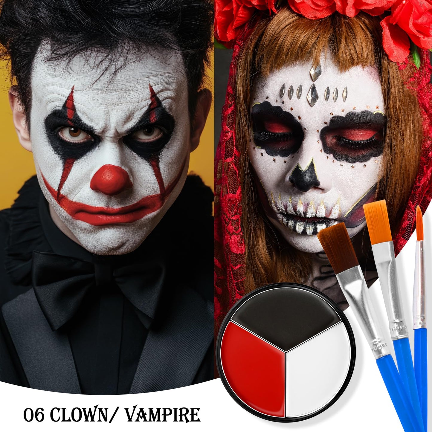 Black White Red Face & Body Paint - Blendable Facepaint Foundation with Sponge & Brush for Skin, Professional Halloween Face Mak