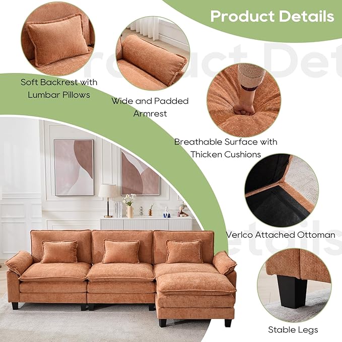 Oprisen 120" Modular Sectional Sofa, Comfy Cloud Couch Sectional Sofa with Ottoman, Chenille Sofa Sleeper Deep Seat Sofa with Throw Pillows for Living Room (Orange, 120"- L Shape)