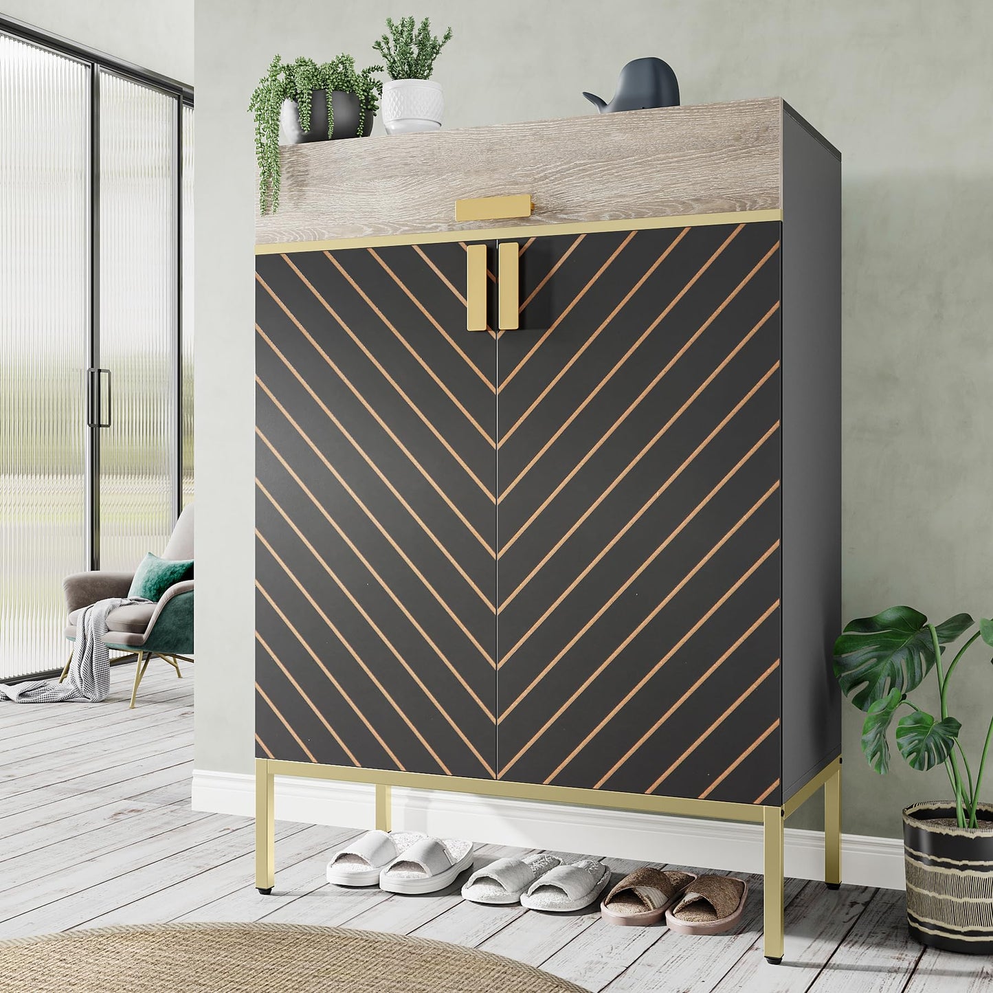 Tribesigns Shoe Cabinet with Doors, 4-Tier Shoe Storage Cabinet with Drawer & Adjustable Shelves, Slim Wooden Entryway Organizer for Bedroom, Closet, Hallway, Gray/Gold