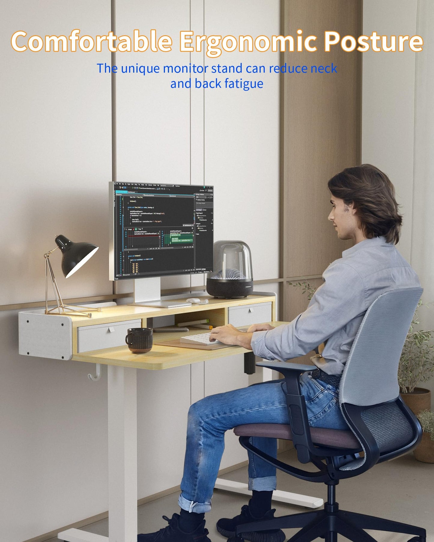 YIHAYO Electric Standing Desk with Drawers, 40 x 24 Inches Adjustable Desk with Storage Shelf, Stand Up Desk with Splice Board, Computer Table for Home Office, White Frame/Natural Top