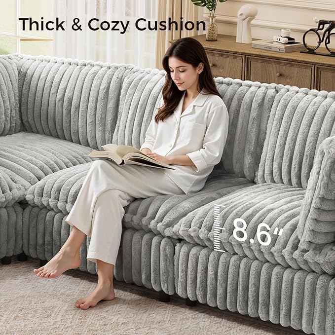 KKL Sectional Modular Couch for Living Room, V Shaped Corduroy Couches with Corner Seat, 5 Seater Oversized Sofa Convertible to Sleeper, Soft Fabric Modern Sofa, Grey