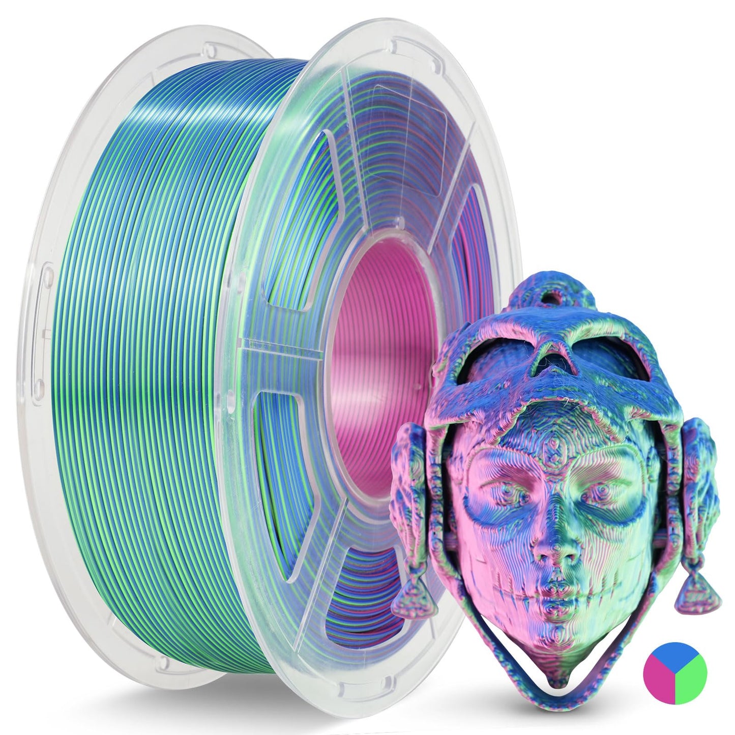 JAYO Silk Tri-Color PLA Filament 1.75mm Blue-Green-Purple 1.1kg, Triple Gradient PLA, High Gloss Shine, Smooth Printing, Conceal