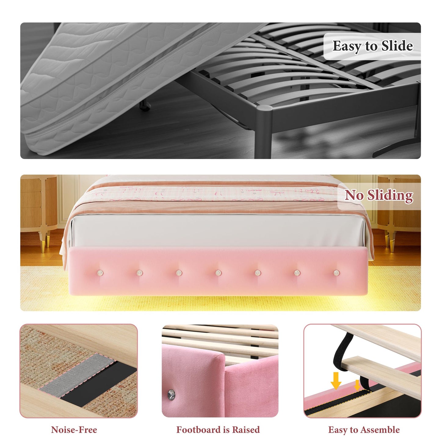 Keyluv Queen Bed Frame Butterfly-Pattern Upholstered Headboard, Modern Floating Bed with LED Lights Button Tufted on Headboard and Footboard, Slats Support No Box Spring Needed, Noise-Free, Pink
