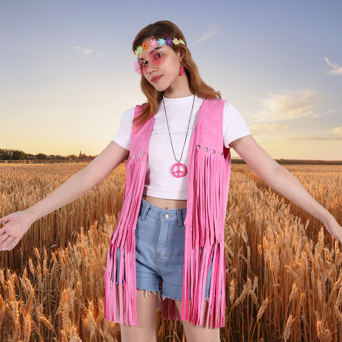 PARTTELY 70s Outfits for Women, Disco Hippie Costume Clothes Woman Cowgirl 70s Costume Fringe Hippie Vest