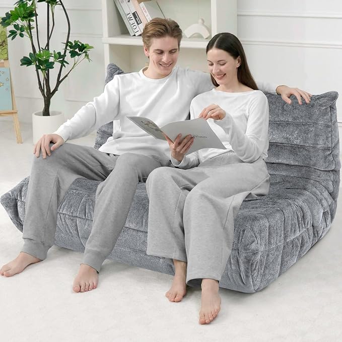 HABUTWAY Bean Bag Chair, Giant Bean Bag Chairs for Adults, Loveseat Fireside Chair, 2 Seater Lazy Bean Bag Sofa Memory Foam Couch for Living Room, Bedroom, Office (Light Grey)