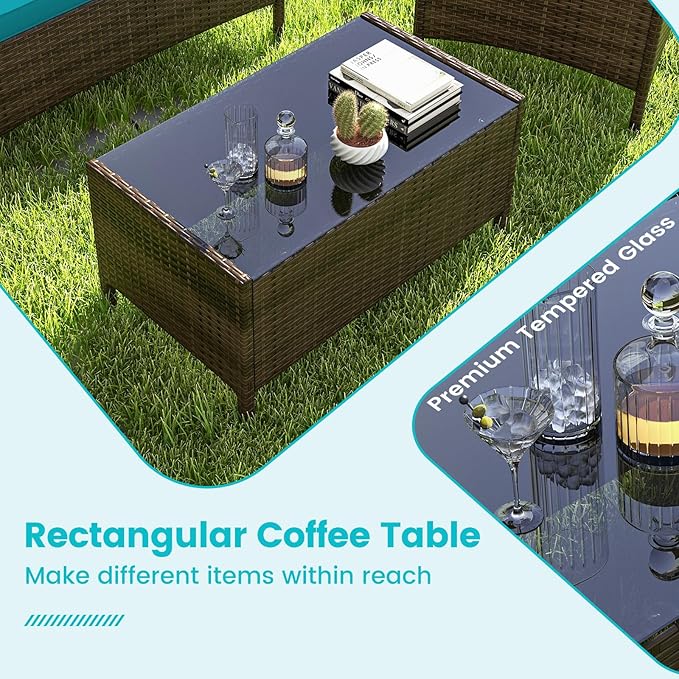 RELAX4LIFE 8-Piece Patio Furniture Set - Rattan Outdoor Conversation Bistro Set w/Cushions, Glass Coffee Table, Wicker Chairs & Loveseat for Garden Backyard Porch, Balcony Furniture Set (2, Turquoise)