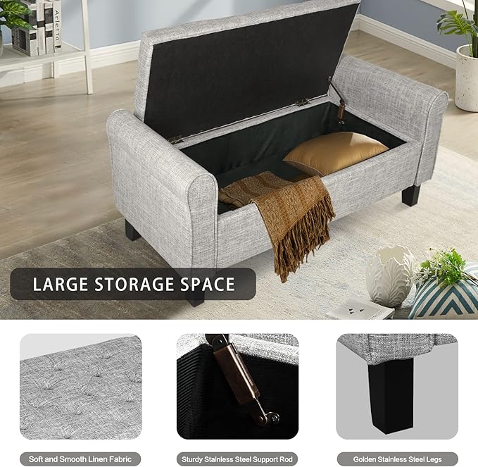 Babion Storage Bench for Bedroom, Button Linen Fabric, 51Inch, End of Bed Storage, Upholstered Rolled Arm Window Seat with Solid Wood Legs, Light Grey