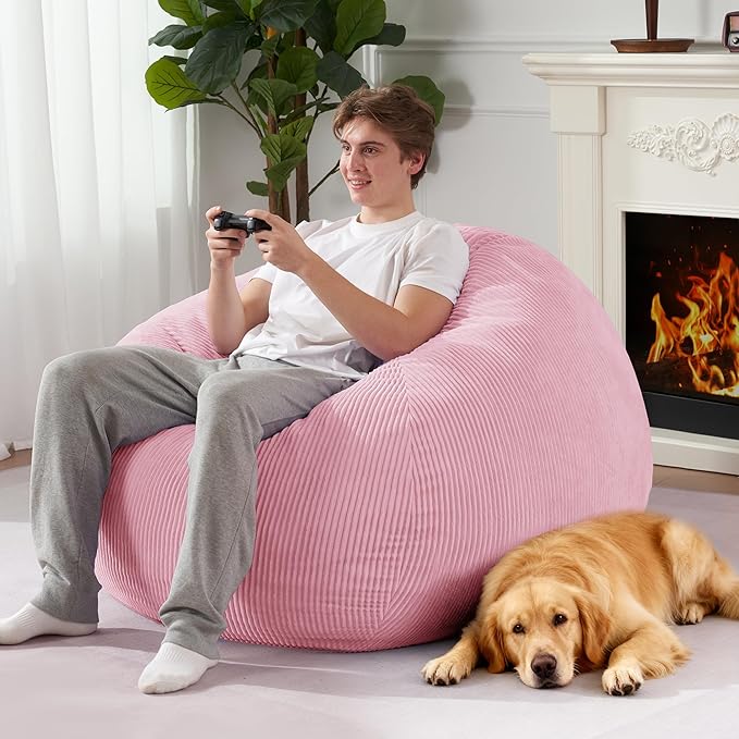 Homguava 4FT Bean Bag Chair for Adults,Teardrop Bean Bags Big Beanbag Chair with Memory Foam Filled and Ultra Soft Removable Corduroy Cover for Living Room, Bedroom (Light Pink)