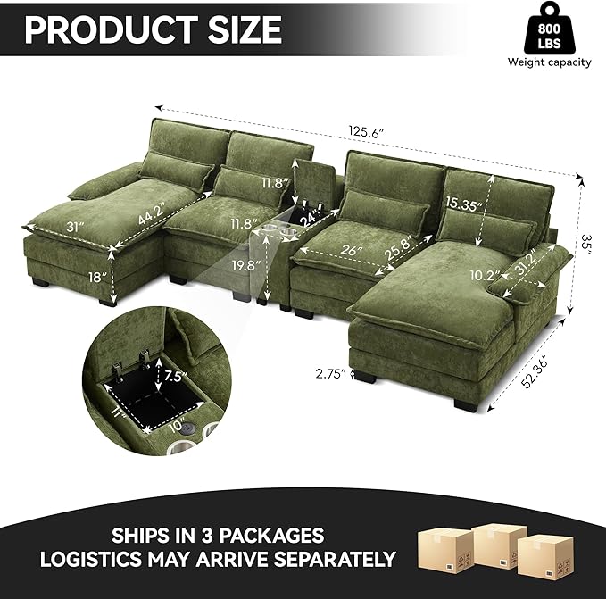 125" U Shaped Cloud Modular Sectional Couch for Living Room, Small Comfy Chenille Sofa with Double Chaise Lounge, Storage Central Console, Cup Holders, USB Port,Green