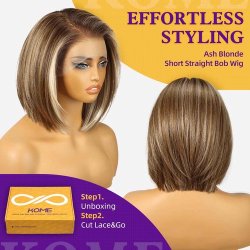 KOME Ash Blonde Highlight Synthetic Lace Front Wig,13×6 HD Short Straight Glueless Bob Wig for White Women Daily Use 12IN（#TT6/166）