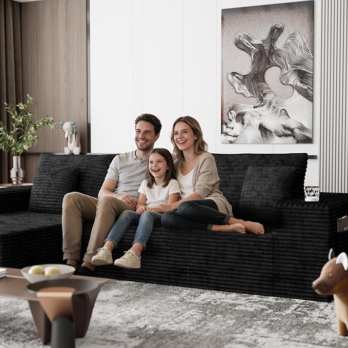 Cibert 104.3" Modular Sectional Sofa, Black Boneless Couch Left Chaise L Shaped Couch with USB Ports, 2 Cup Holders, 2 Side Storage Bags & Lint Remover, No Assembly Sectional Couches for Living Room