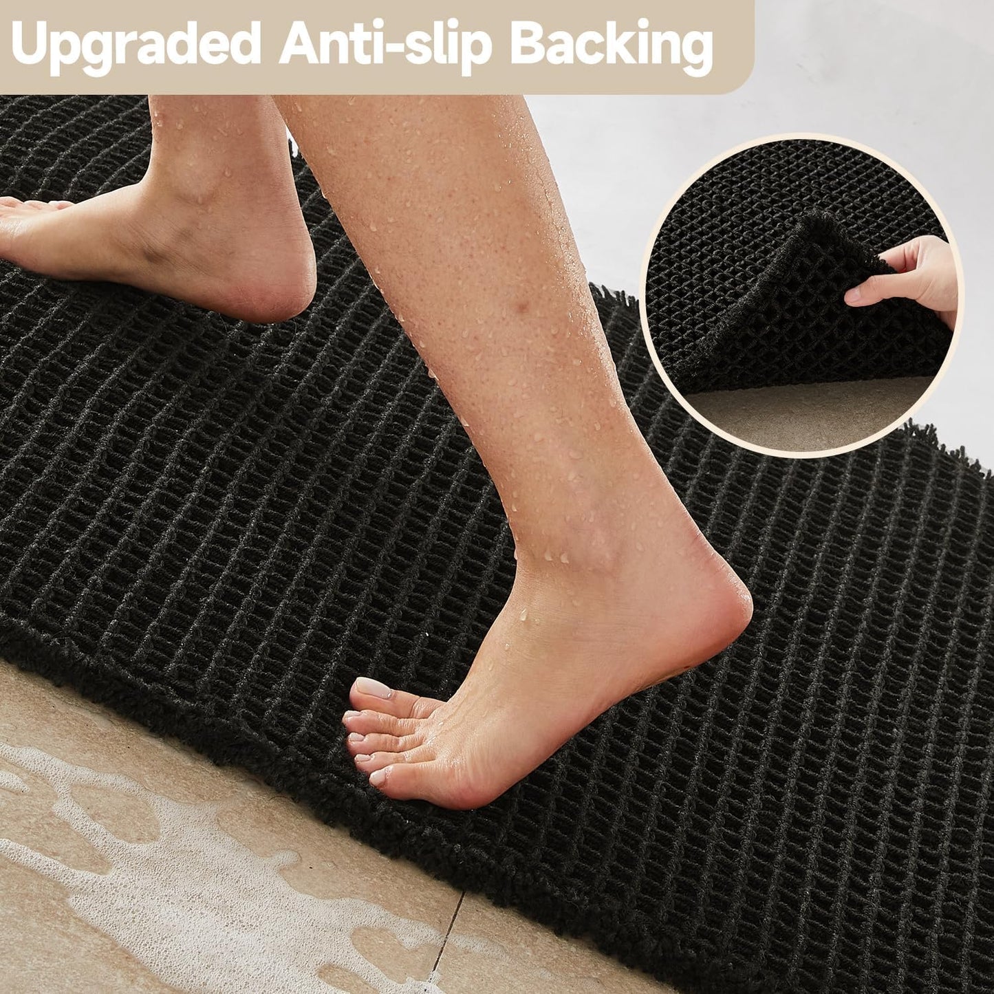 Black Long Bathroom Rug, Waffle Runner Rug Bathroom Non Slip Washable Super Absorbent Quick Dry Boho Farmhouse Bath Decor, 72"x24" Black