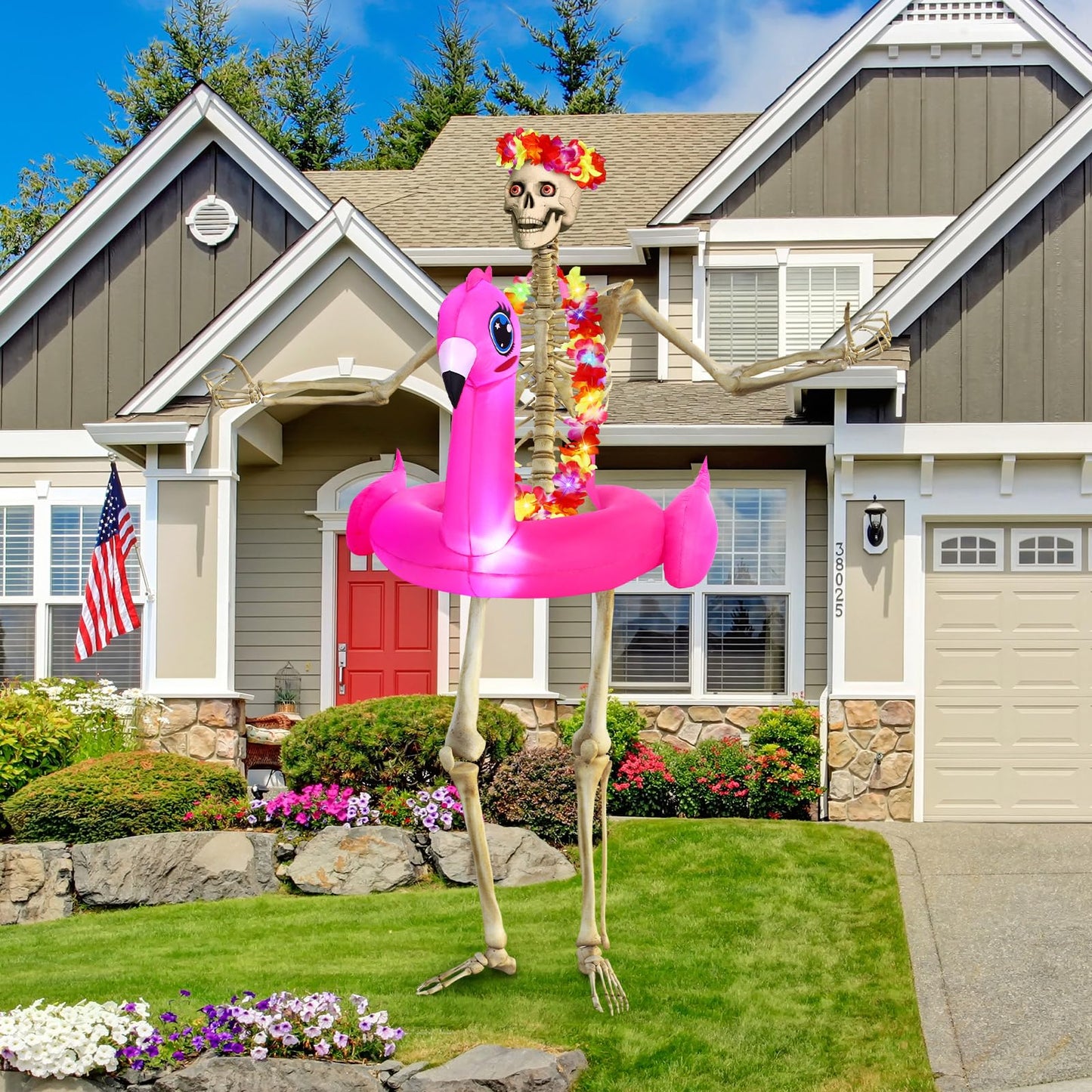 Knitgrip 4 Pcs Summer Hawaiian 12 ft Skeleton Costumes Set Includes Inflatable Flamingo Swimming Ring with Light Hawaiian Leis Chest Ring Luau Flower Headpiece for Luau Party Garden Lawn Decor
