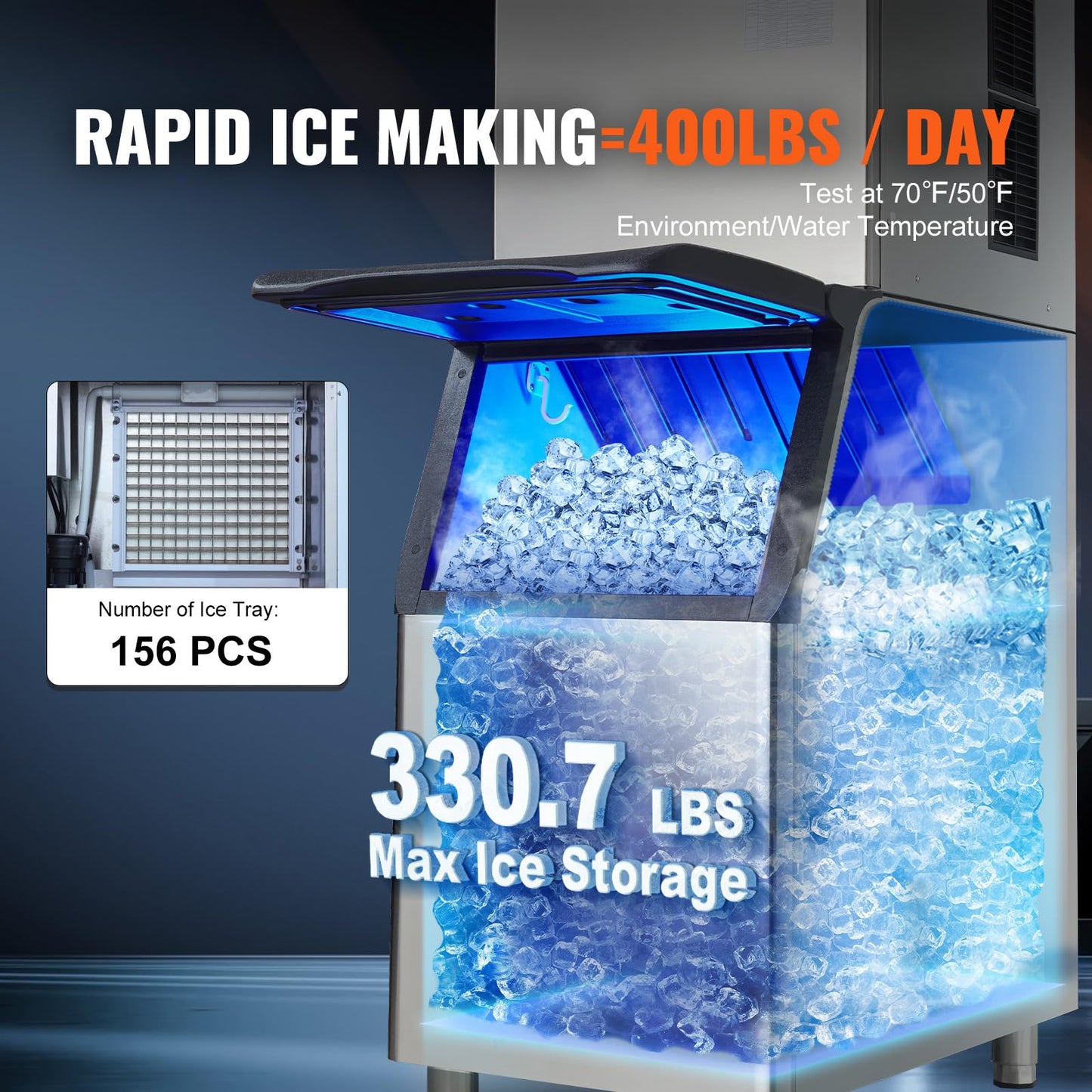 VEVOR Commercial Ice Maker, 400LBS/24H Ice Making Machine with 330.7LBS Large Storage Bin, 800W Auto Self-Cleaning Ice Maker Machine with 3.5-inch LED Screen for Business Bar Tested to UL Standards